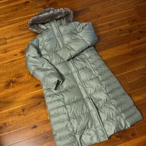 Women’s XL Down Eddie Bauer Sage Long Coat- Faux Fur Removable Hood-Worn Twice